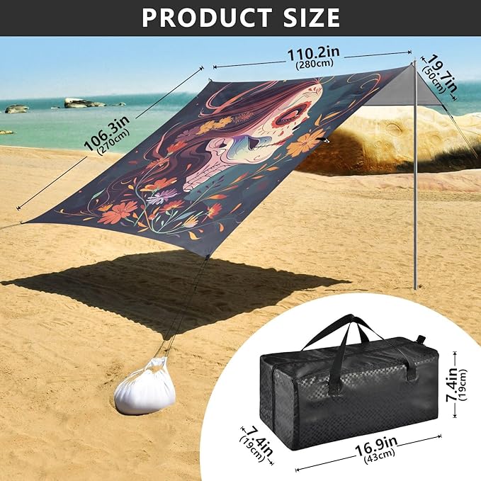 ALAZA Skull Girl Flower Day of The Dead Beach Tent Sun Shelter Portable Canopy Sunshade for Outdoor Camping Picnics Backyard Fun 10x9 ft