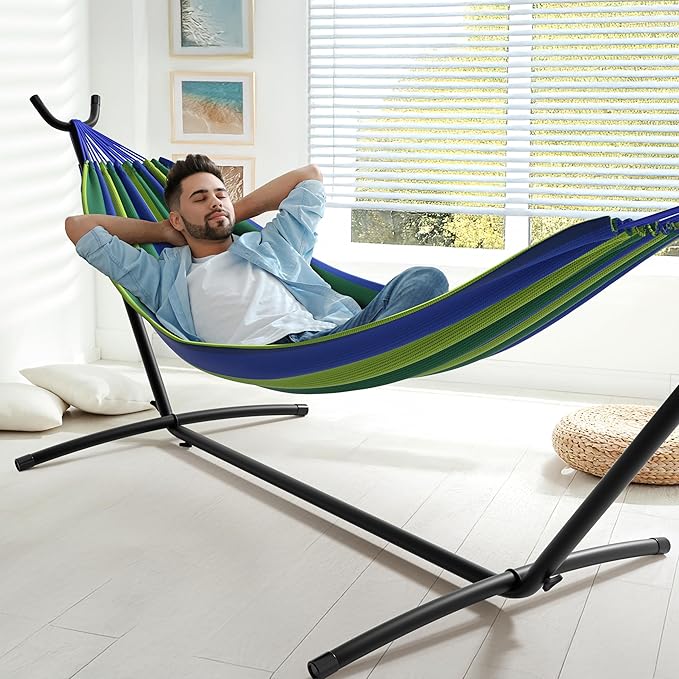 Sorbus 2-Person Hammock with Stand – 60 Cotton Blend Bed Heavy Duty 450lbs Capacity Portable with Carrying Case – for Garden Patio Outdoor Camping Gifts – Washable