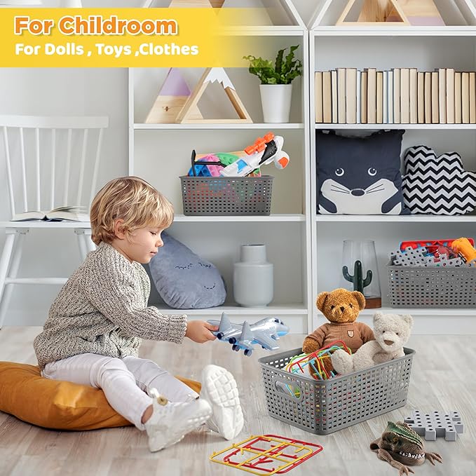 AREYZIN Plastic Storage Baskets Bins With Lid Organizing Container Lidded Knit Storage Organizer Bins for Shelves Drawers Desktop Closet Playroom Classroom Office 6 Pack