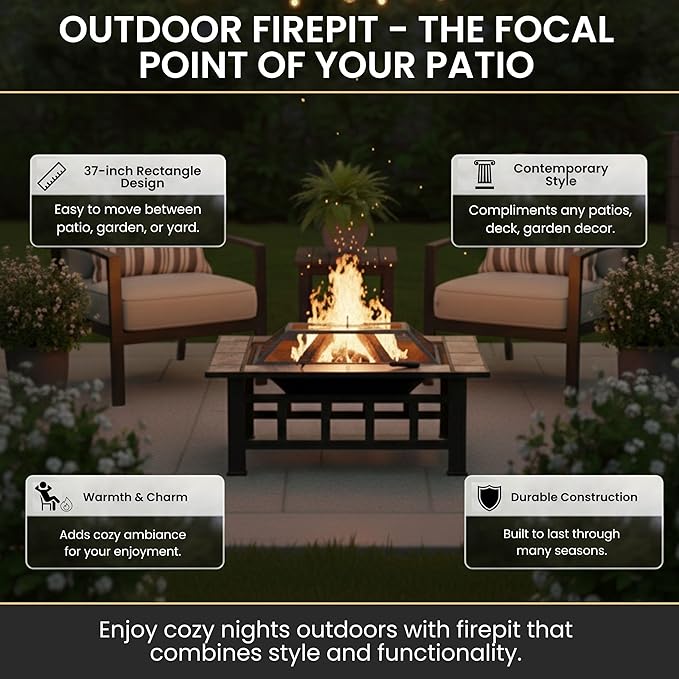 Fire Pit Set Wood Burning Pit -Includes Screen Cover and Log Poker- Great for Outdoor and Patio 37” Marble Tile Rectangular Firepit by Pure Garden