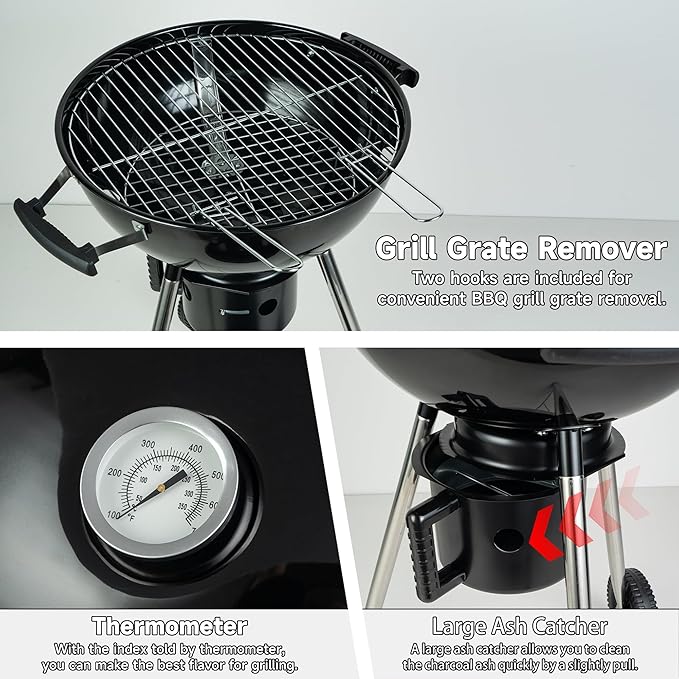 Charcoal Grills 18 inches Kettle Grill with Lid&ampLarge Ash CollectorOutdoor Barbecue Grill for Camping/Garden/Party/Poolside
