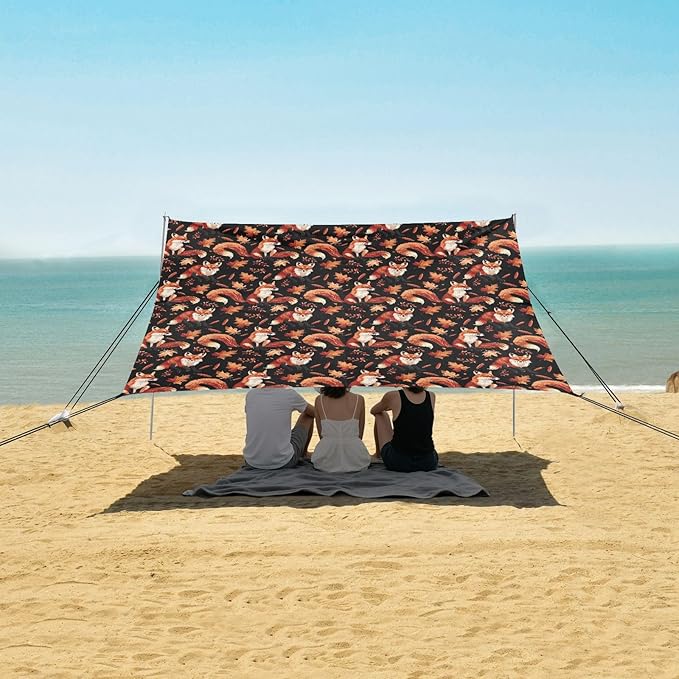 ALAZA Fox Maple Leaves Beach Tent Sun Shelter UPF50+ Protection Beach Shade Canopy w/ 4 Sandbags for Outdoor Camping Fishing Backyard Fun Picnic 10x9 ft