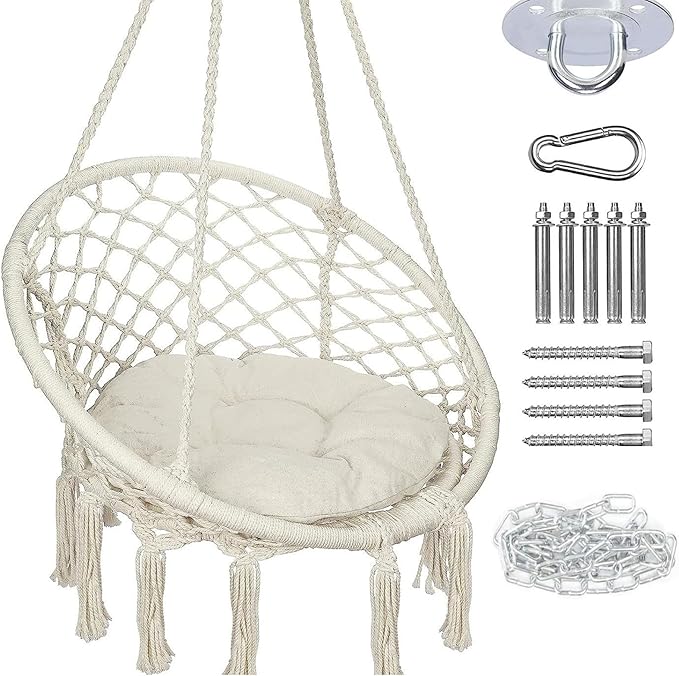 Hanging Swinging Chair Macrame Hammock Hanging Swinging Chairs with Soft Cushions and Hardware Accessories Hanging Chair for Indoor and Outdoor Use 3 Installation Methods Beige (1 Beige)