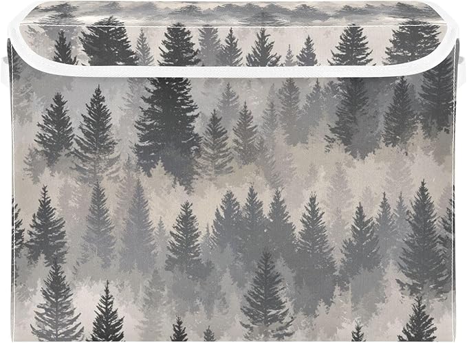 Storage Bins with Lids Storage Containers Box Organizer Bin Basket with Handles for Closet Shelves Clothes Stackable Foldable Decorative Gray Simple Pine Tree Forest
