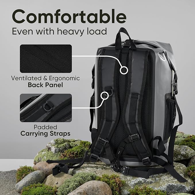 Dry Bag Waterproof Backpack 35L for Men &amp Women Roll-Top Hiking Backpack with IPX8 Waterproof Phone Case &amp Detachable Mini Backpack for Kayaking Boating Cushioned Padded Back Grey