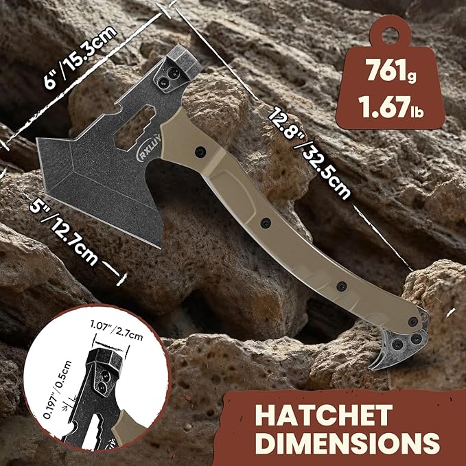 Tactical Axe with G10 Handle Camping Survival Hatchet Multifunctional Hiking Outdoor Heavy Duty Full Tang Tomahawk Tools with Hammer Unique Design Crowbar Leather Sheath (Gray)