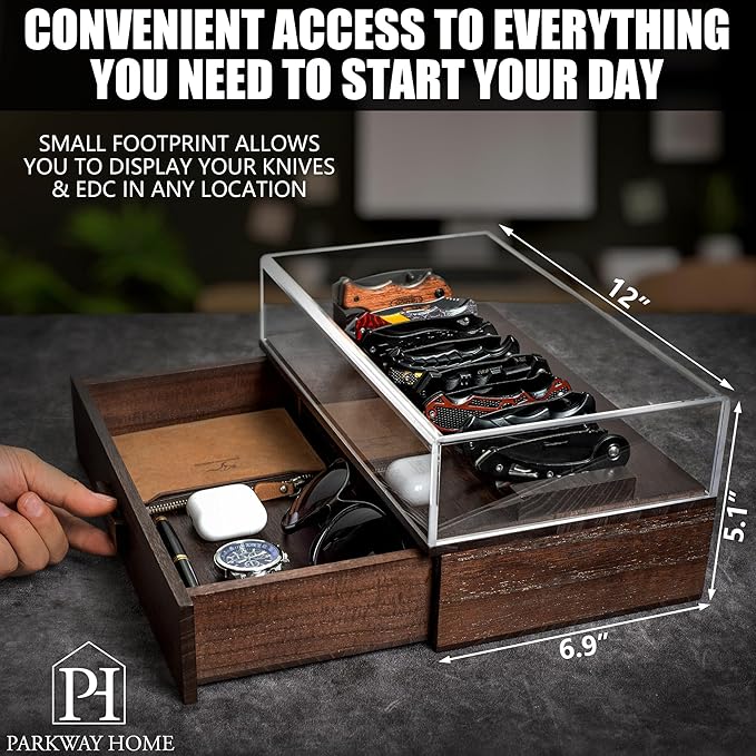 Pocket Knife Display Case for 16 Knives - Wooden Knife Collection Case Clear Cover - Two-Tier Knife Cases for Collections with a Removable Drawer Insert for Other EDC Items EDC Case - Brown