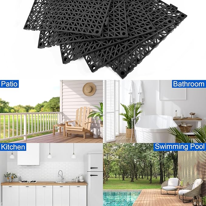 MYFAMIREA Modular Interlocking Cushion 8 Pack 11.8 x 11.8 Rubber Floor Tiles Non-Slip Splicing Drainage Mats for Deck Black