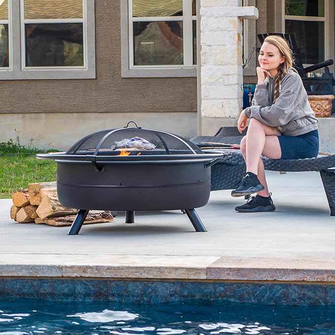 SUNCREAT 42 Outdoor Portable Fire Pit with Spark Screen Fire Poker Wood Burning Patio Fire Pits with Protective Ring Black