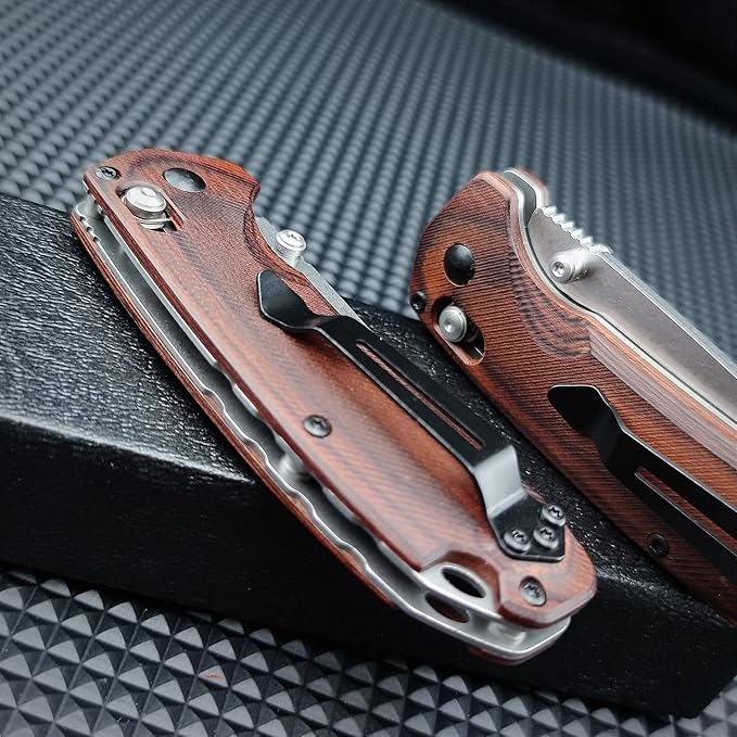7 Folding KnifeD2 Steel Knife Pocket Knife with Wood HandleThumb Stud and Pocket Clip for Indoor Outdoor