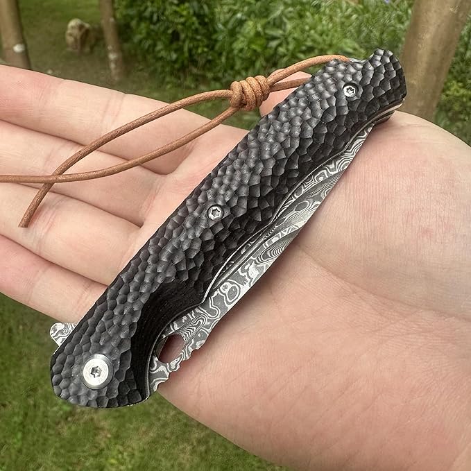 Damascus Steel Folding Pocket Knife 3.54 VG10 Blade for Men and Women Ebony Handle EDC Knife with Liner Lock for Outdoor Survival Camping Collection Hunting