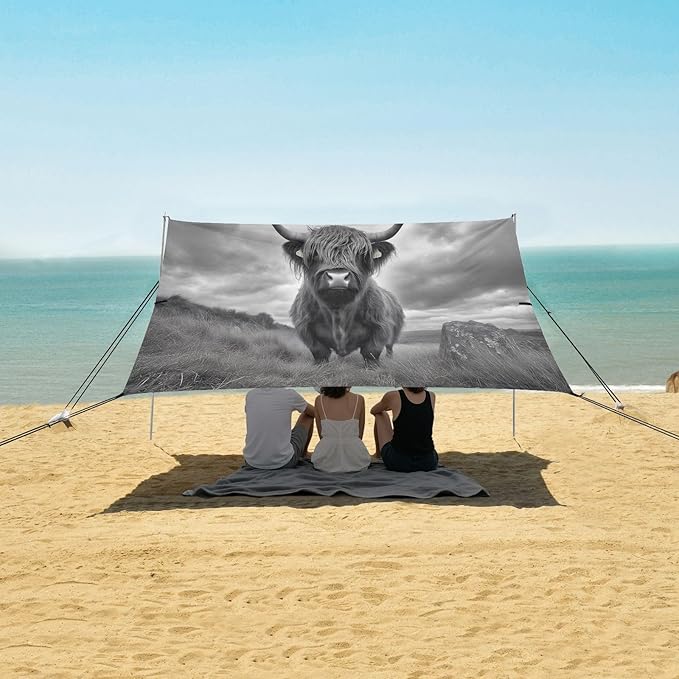 Highland Cow Gray Beach Tent Sun Shelter Set UPF50+ UV Protection 10.5 x 9.19 FT Camping Shade Canopy with Sandbags Sand Anchors Carrying Bag and Others