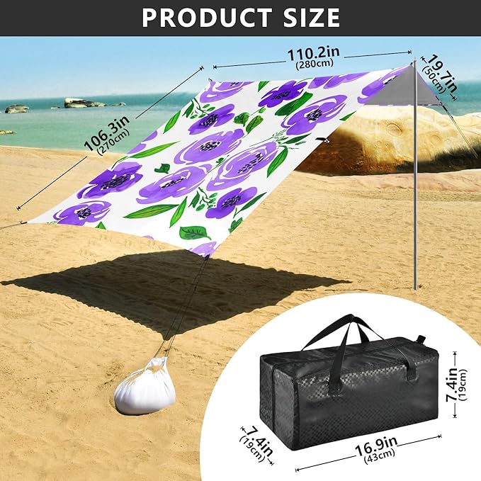 Beach Canopy with Windproof Ropes &amp Sandbags Beach Tent Sun Shade Sun Shelter for Camping Trips Fishing Backyard Fun or Picnics Purple Flowers