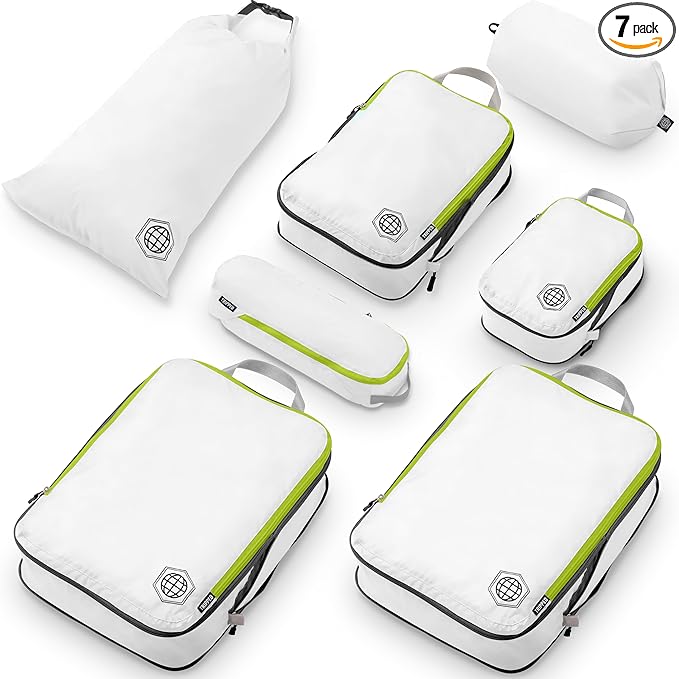 Large Compression Packing Cubes for Travel-Packing Cube Luggage Organizers 7 Piece Set for Checked Luggage-Ultralight Expandable/Compression Bags by TRIPPED Travel Gear (White/Green)
