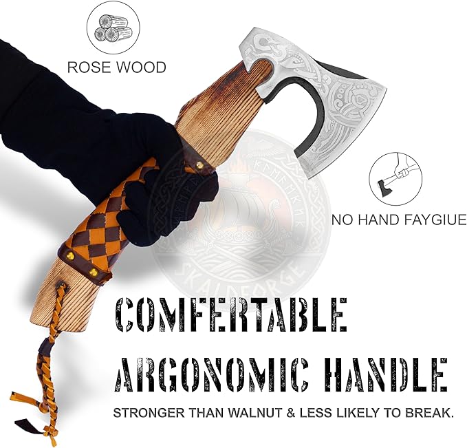 Custom Forged Carbon Steel Viking Style Bearded Axe - Real Hatchet Throwing &amp Camping Axe with Leather Wrap Best Gift for Anniversary Valentine's Day Birthday with Leather Sheath