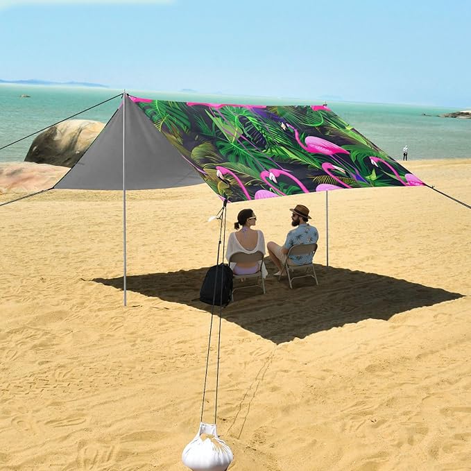 xigua Flamingos Beach Tent Sun Shelter with Carrying Bag - Silver Coated Oxford Fabric Beach Canopy for Beach Camping Fishing - Includes Windproof Ropes Sandbags &amp Stakes