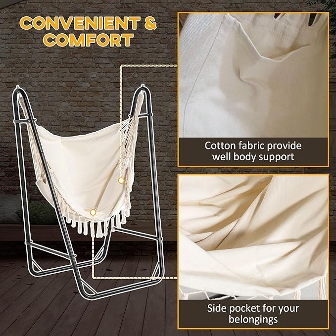 Outsunny Patio Hammock Chair with U Shape Stand Outdoor Hammock Swing Hanging Lounge Chair with Side Pocket Black/Cream White