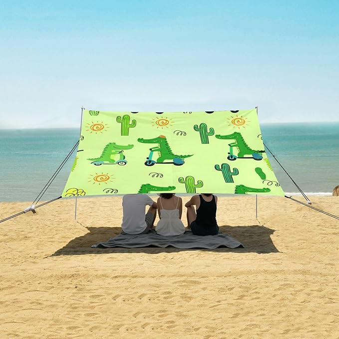 xigua Crocodiles Beach Tent Sun Shelter with Carrying Bag - Silver Coated Oxford Fabric Beach Canopy for Beach Camping Fishing - Includes Windproof Ropes Sandbags &amp Stakes