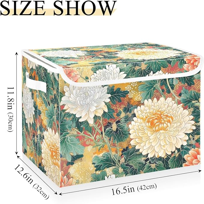 Storage Cube with Lid Japanese Florals Print 16.5×12.6×11.8 IN Collapsible Large Capacity Foldable Storage Basket Bin Organizer
