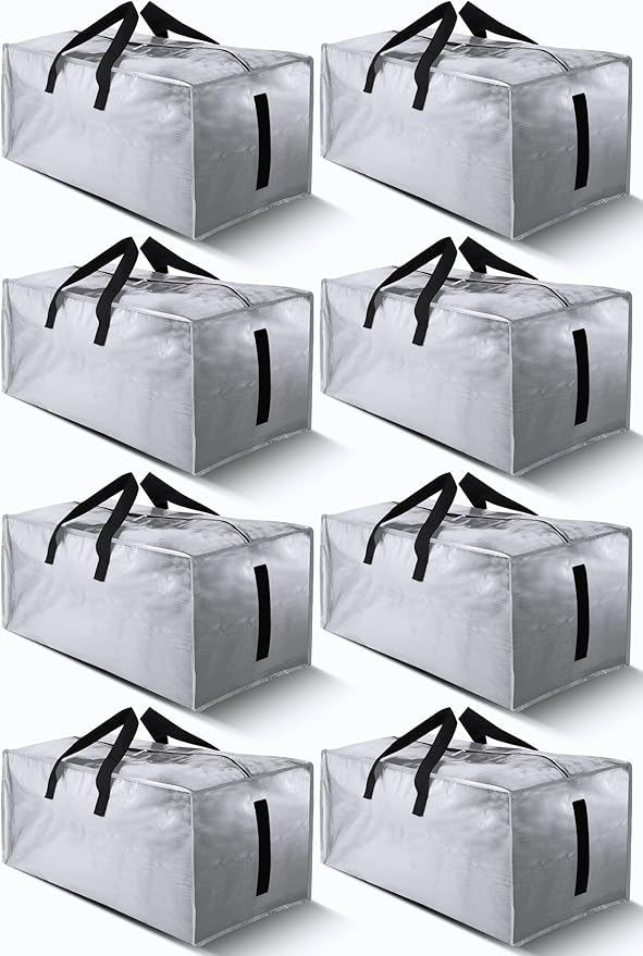 HOMESURE 8 Pack Large Strong Bags with Zippers &amp Carrying Handles - Water-Resistant - Heavy Duty Storage Tote for Space Saving Storage Fold Flat Alternative to Moving Box (Silver)