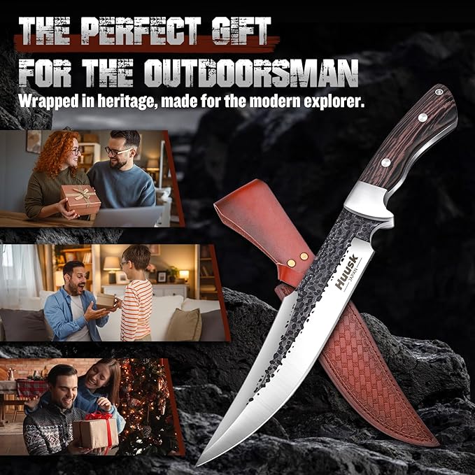 Huusk Fixed Blade Bowie Knife - 8 Hunting Knife with Sheath Full Tang Survival Knives with Ergonomic Wood Handle Outdoor Bushcraft Knives for Camping Hiking Fishing BBQ Christmas Gifts for Men