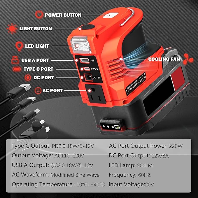220W Power Inverter for Bauer 20V DC 24V to AC 110-120V Inverter 20V Battery Powered Portable Power Source Supply Charger Adapter with USB&ampType-C&ampAC Outlet&ampLED Light(No Battery)