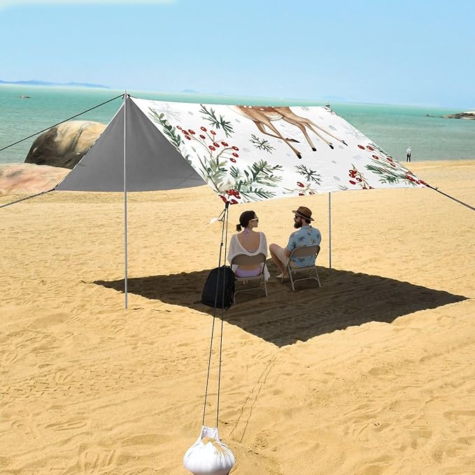 ALAZA Christmas Fawn Pine Needles Beach Tent Sun Shelter UPF50+ Protection Beach Shade Canopy w/ 4 Sandbags for Outdoor Camping Fishing Backyard Fun Picnic 10x9 ft