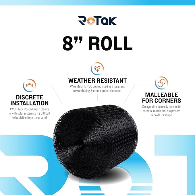 ROTAK Critter Guard - 8in x 100ft Solar Panel Bird Guard - Galvanized Black PVC Coated ½ inch Wire Roll Mesh (8 x 100')