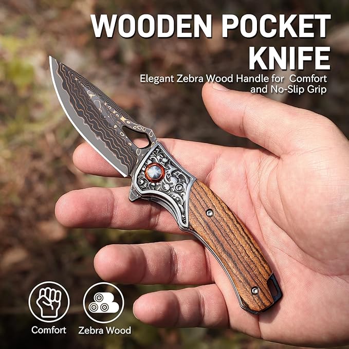 Damascus Pocket Knife Sharp 2.76 Copper Damascus Steel Blade and Wooden Handle Folding Knives for EDC Outdoor Camping Hiking Collection