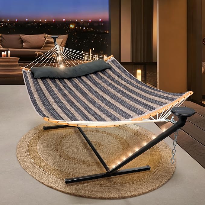 SUNCREAT Double Outdoor Hammock with 12 ft Stand Stand Alone Hammock with Solar Powered Lights Gray Stripes
