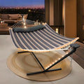 SUNCREAT Double Outdoor Hammock with 12 ft Stand Stand Alone Hammock with Solar Powered Lights Gray Stripes
