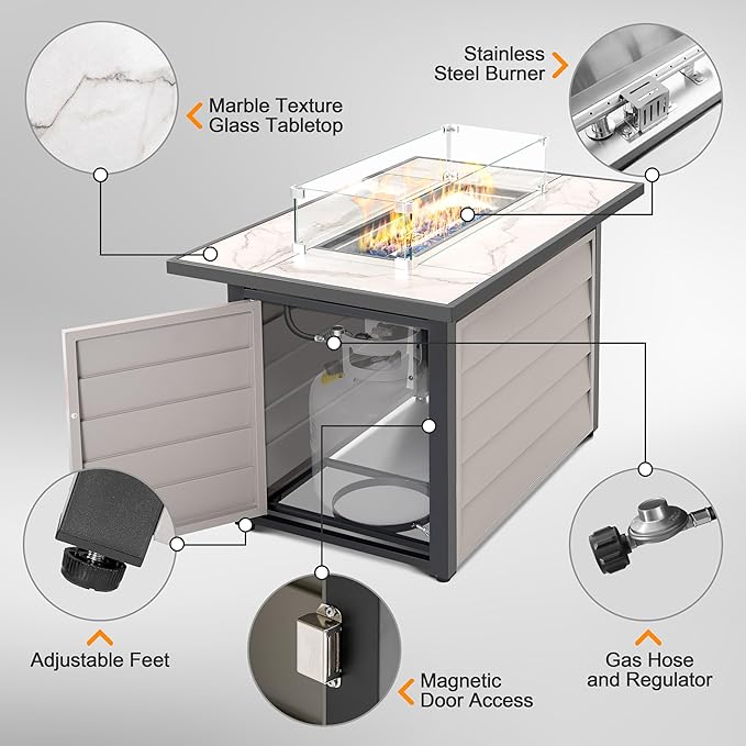 Nuu Garden 43'' Patio Propane Fire Pit Table 50000 BTU Gas Fire Pit with Marble-Textured Glass Top Wind Guard Lid Glass Beads CSA-Certified 2-in-1 Outdoor Table for Gatherings Ivory White