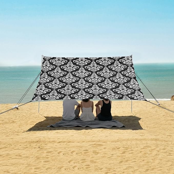 ALAZA Classical Damask Ornament Beach Tent Sun Shelter UPF50+ Protection Beach Shade Canopy w/ 4 Sandbags for Outdoor Camping Fishing Backyard Fun Picnic 10x9 ft