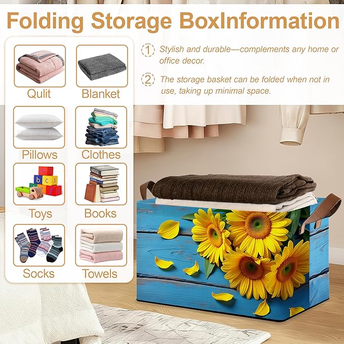 Storage Bin with Handles Sunset Sunflower Collapsible Laundry Baskets for Books Laundry - Use in Nursery Closet Organizers and Storage Blanket Basket