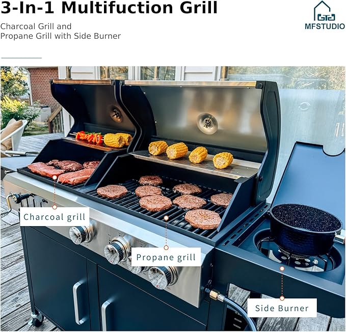 MFSTUDIO 3 In 1 Gas and Charcoal Grill Combo with Side Burner Porcelain-Enameled Cast Iron Grate Extra Large Dual-Function BBQ Propane Grills for Outdoor Barbecue Cooking 690 SQIN Cooking Area