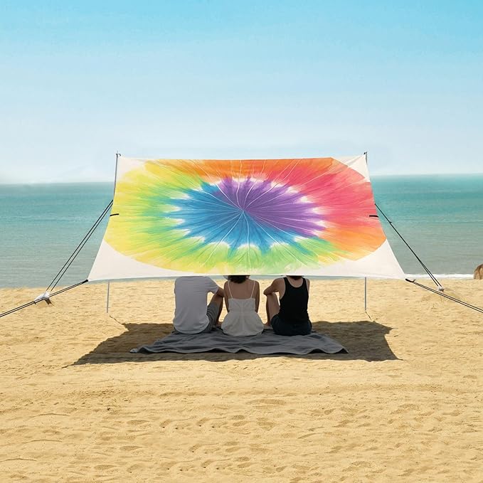 Darkorchid Tie Dye Background Rainbow Colors Tie-dye Pattern Beach Cabana Tent UPF50+ Waterproof Large Portable Sun Shelter with Sandbags &amp Sand Shovel for Camping Picnics Backyard