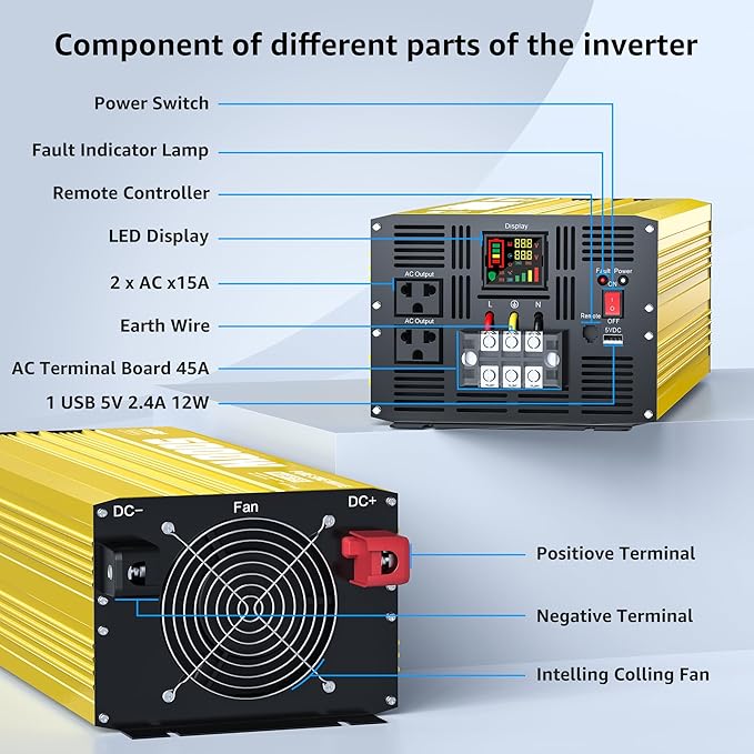 XWJNE 5000W Pure Sine Wave Power Inverter 24V DC to 120V AC Converter with LED Display and Remote Controller for Home RV Truck Off-Grid Solar Power