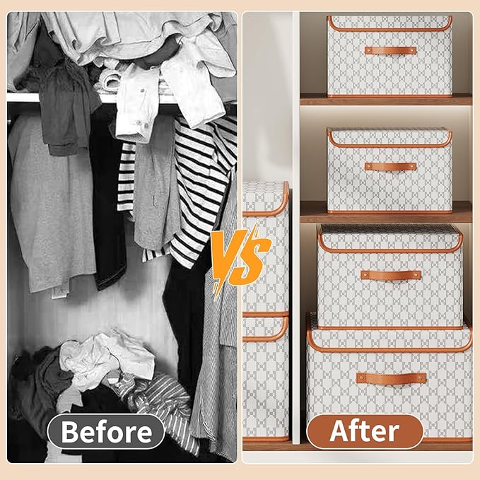 Tuza 2 Pack Fabric Storage Bins with Lids Collapsible Closet Organizer Container Decorative Storage Boxes with Lids for Organizing Clothes Blanket Grey &amp White Extra Large