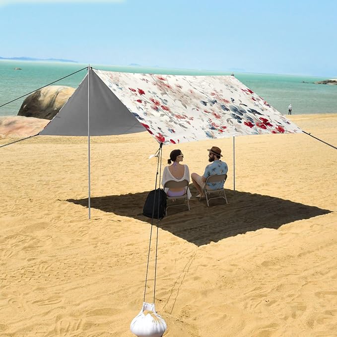 Sweet Pea Flowers Beach Tent Sun Shelter Set UPF50+ UV Protection 10.5 x 9.19 FT Camping Shade Canopy with Sandbags Sand Anchors Carrying Bag and Others