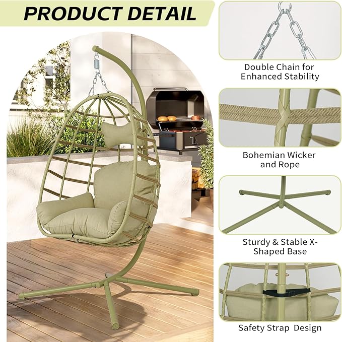 Hanging Egg Chair with Stand Outdoor Indoor Patio Rattan Swing Hammock Chairs with Washable Cushion 350lbs Capacity PE Wicker Swing Chair for Backyard Bedroom Garden (Cyan + Cyan Cushion)