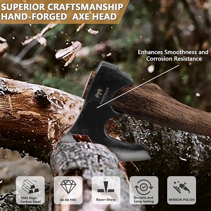 Hatchet 15.7 Camping Axe with Leather Sheath Bushcraft Axe with 1065 Carbon Steel &amp Beech Handle Survival Hatchet for Wood Splitting and Chopping - Perfect for Gardening and Outdoor