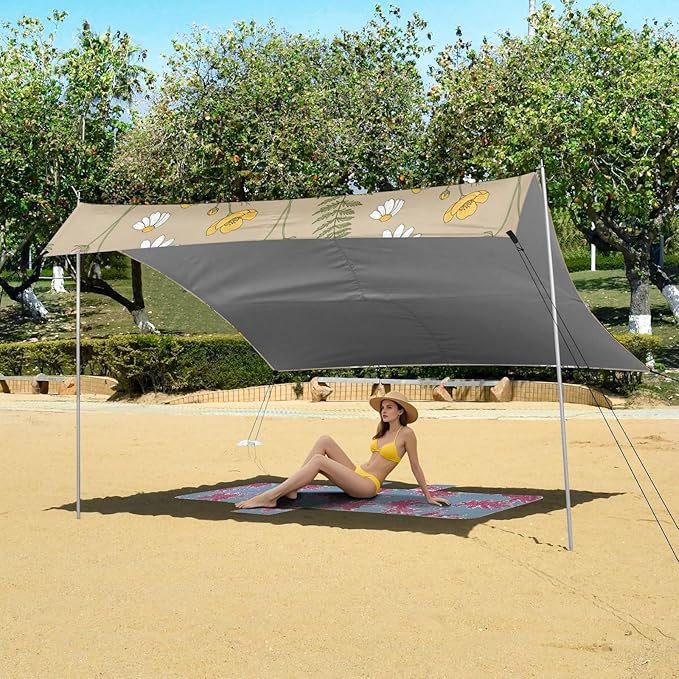 xigua Wildflowers Beach Tent Sun Shelter with Carrying Bag - Silver Coated Oxford Fabric Beach Canopy for Beach Camping Fishing - Includes Windproof Ropes Sandbags &amp Stakes