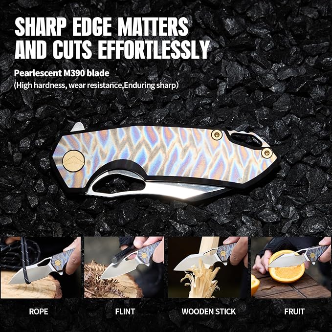 Folding Knife Pocket Knife EDC Knife with Clip Survival Knife Camping Knife - M390 Steel Titanium Handle - Outdoor Hiking Survival Hunting Knife with Sheath (Colourful)