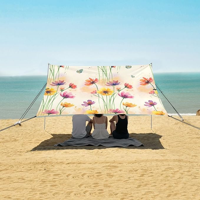 Wildflowers Beach Canopy Sun Shelter with Sandbags &amp Sand Shovel &amp Windproof Ropes - Portable 110x126 Beach Shade Beach Tent for Camping Picnics