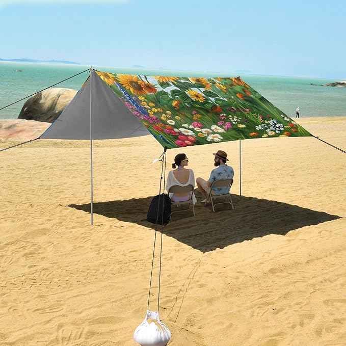 Beach Canopy with Windproof Ropes &amp Sandbags Beach Tent Sun Shade Sun Shelter for Camping Trips Fishing Backyard Fun or Picnics Sunflowers