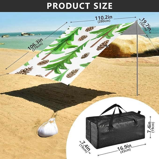 Beach Canopy with Windproof Ropes &amp Sandbags Beach Tent Sun Shade Sun Shelter for Camping Trips Fishing Backyard Fun or Picnics Pine Tree