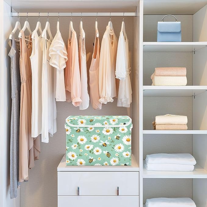 Storage Bins with Lids Storage Containers Box Organizer Bin Basket with Handles for Closet Shelves Clothes Stackable Foldable Decorative Mint Green Daisy Flowers and Bees