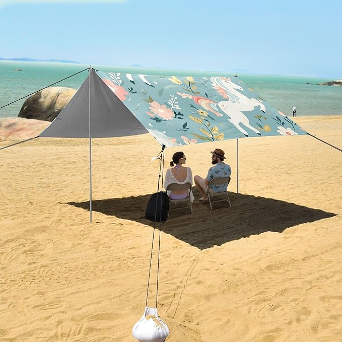 ALAZA Flower Unicorn Pattern Beach Tent Sun Shelter Portable Canopy Sunshade for Outdoor Camping Picnics Backyard Fun 10x9 ft