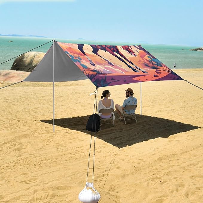 Beach Canopy with Windproof Ropes &amp Sandbags Beach Tent Sun Shade Sun Shelter for Camping Trips Fishing Backyard Fun or Picnics Cowboy