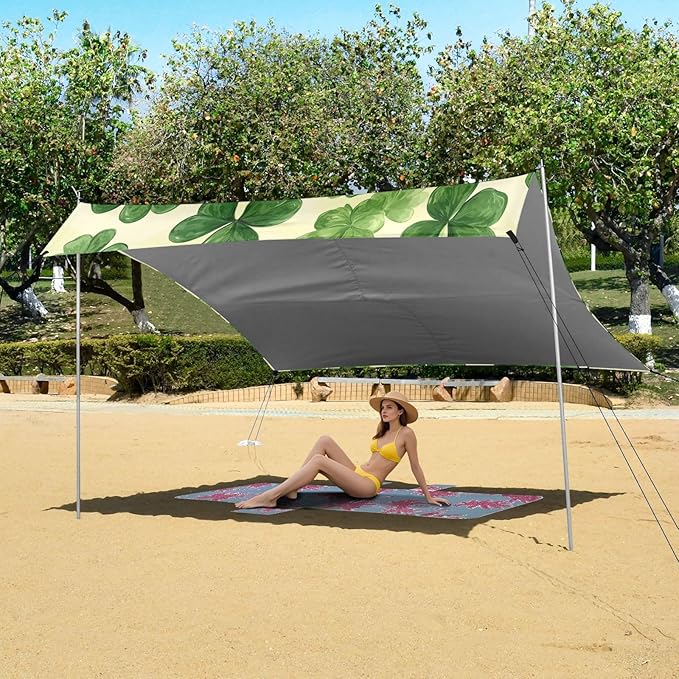 St Patrick Clovers Green Beach Tent Sun Shelter Set UPF50+ UV Protection 10.5 x 9.19 FT Camping Shade Canopy with Sandbags Sand Anchors Carrying Bag and Others